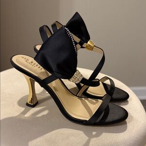 Ted Baker Black Satin Heels with Gold and Rhinestone Accents